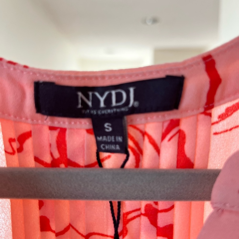 NYDJ Pink and Red Pleated Blouse with Mandarin Collar - Picture 6 of 9